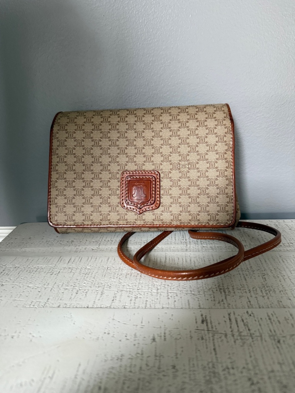 GUC Celine Beige Canvas Monogram Crossbody with Brown Leather Trim